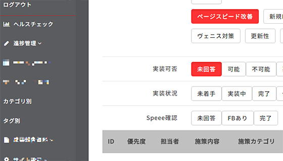 カテゴリー別に施策をタグで分類して管理。Webサイトの状況を整理